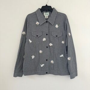 Quacker Factory Gingham Daisy Embroidered Jacket Womens Large Plaid Floral Top
